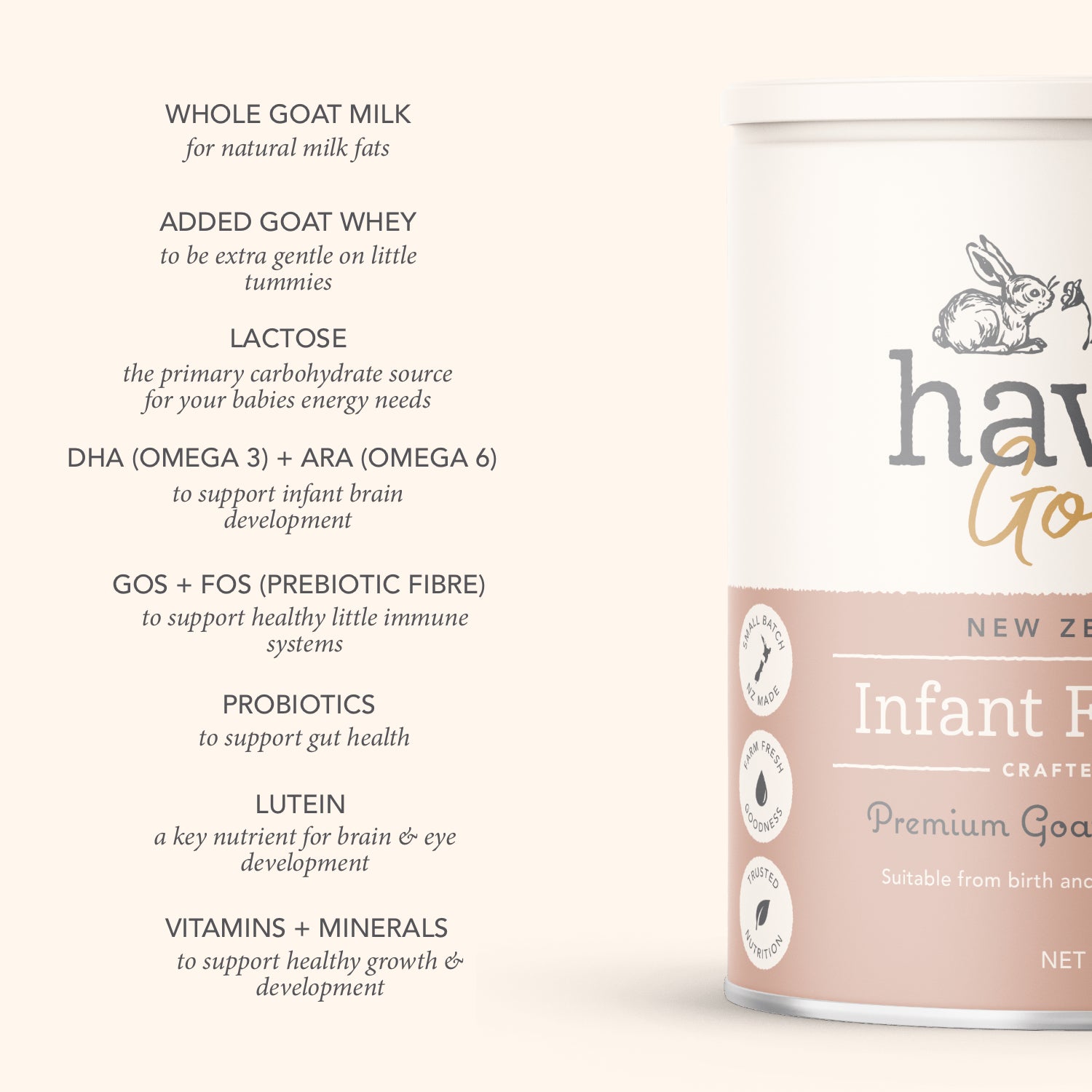 Haven Goat Milk Infant Formula packaging with ingredient list on a white background