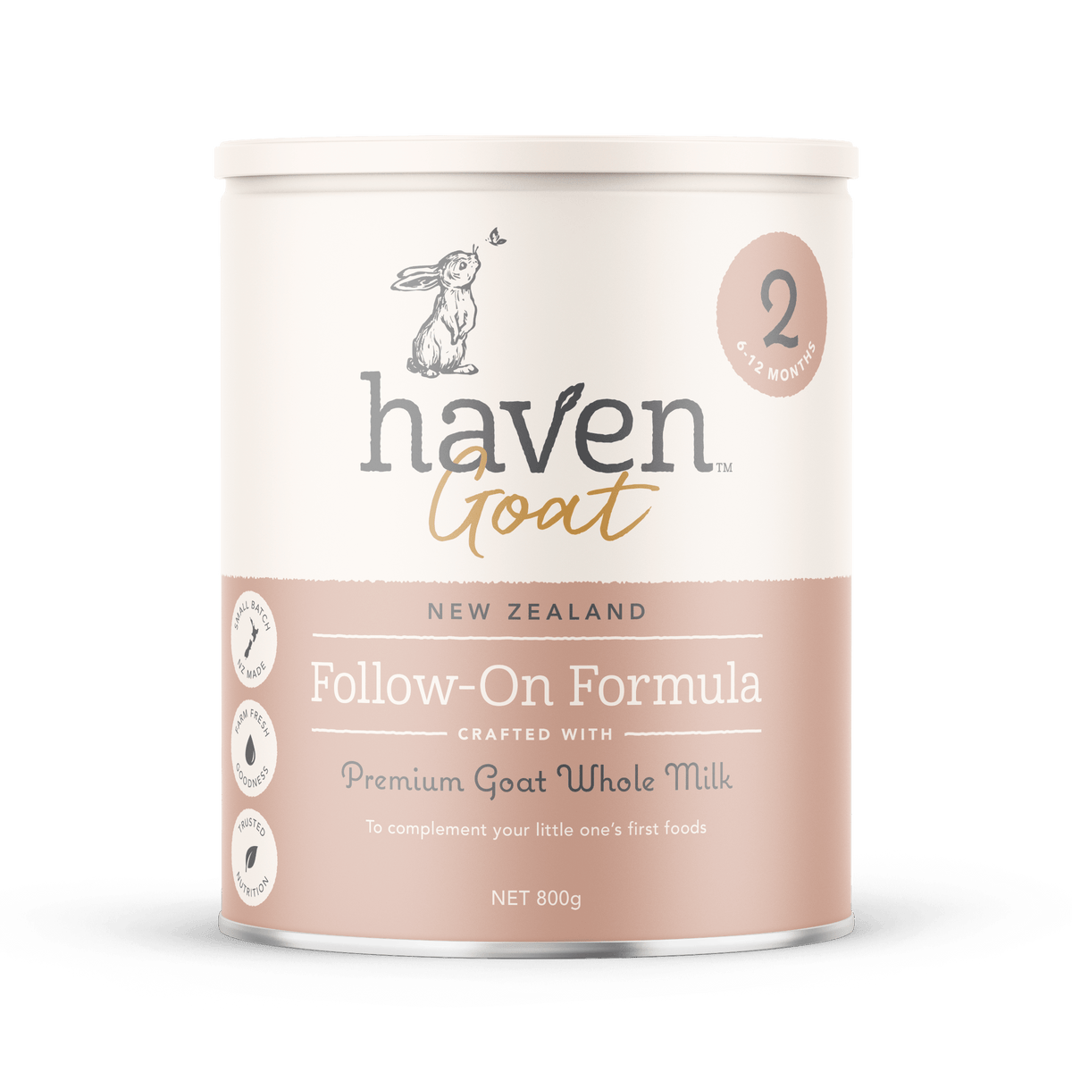 A can of Haven Goat Follow-On Formula for infants aged 6-12 months, showing the brand logo, product name, and additional information.